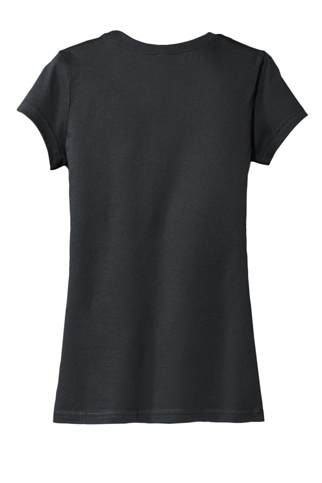 A black juniors t-shirt, featuring a fitted design and short sleeves, with a branding logo on the back.