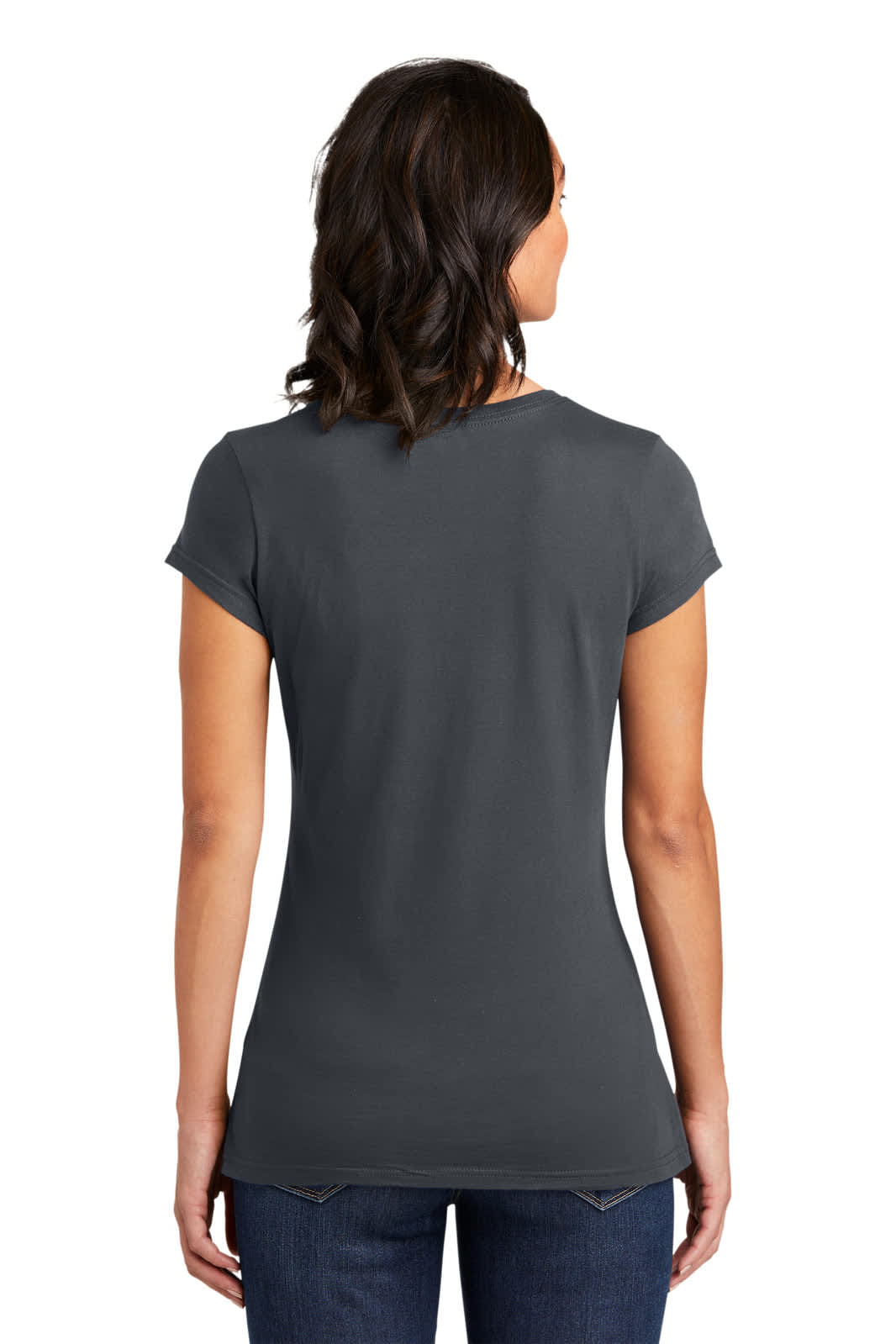A grey juniors' t-shirt with short sleeves, featuring a fitted design and a logo on the back.