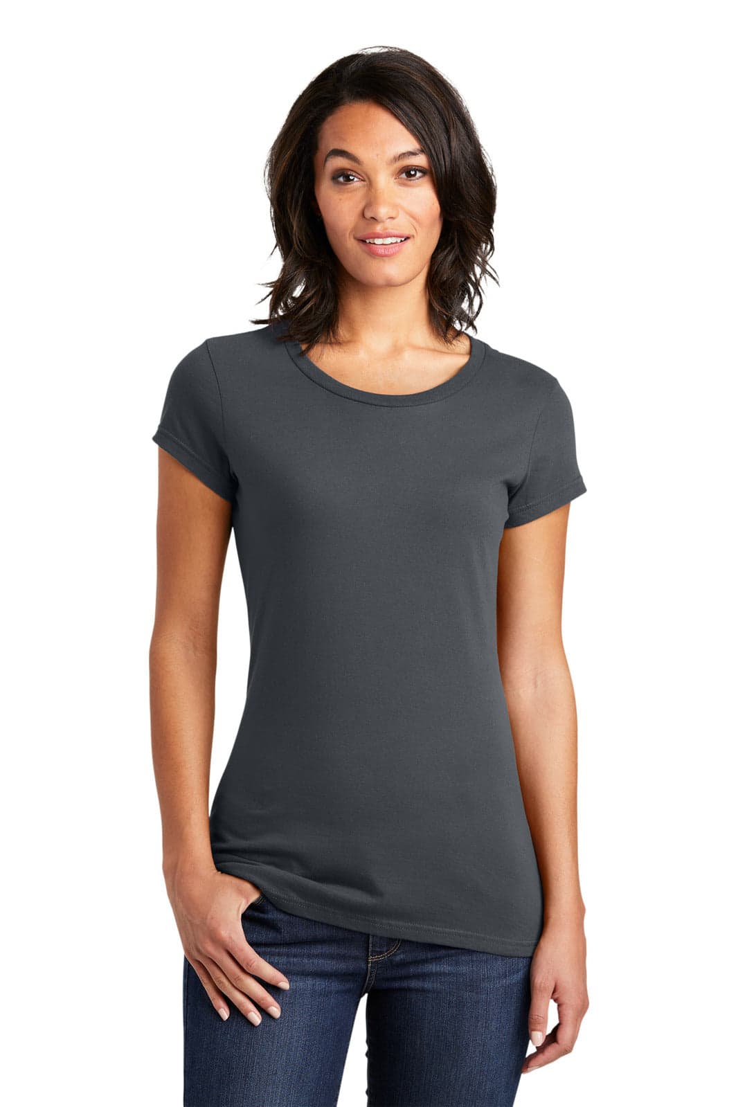 A dark grey junior's T-shirt featuring a fitted design, with a round neckline and short sleeves.