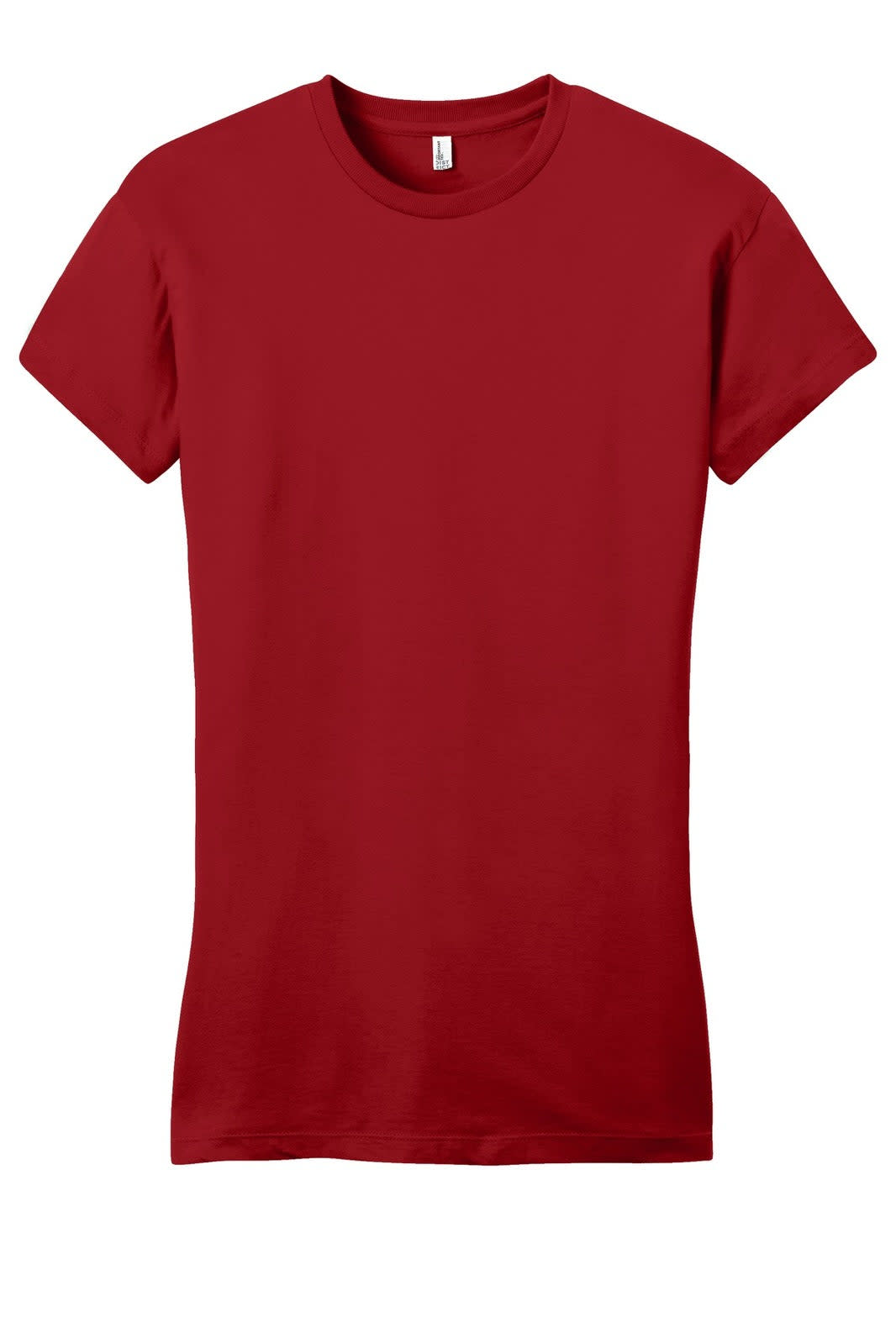 A red juniors' t-shirt featuring a fitted design and short sleeves. The shirt has a logo on the label.