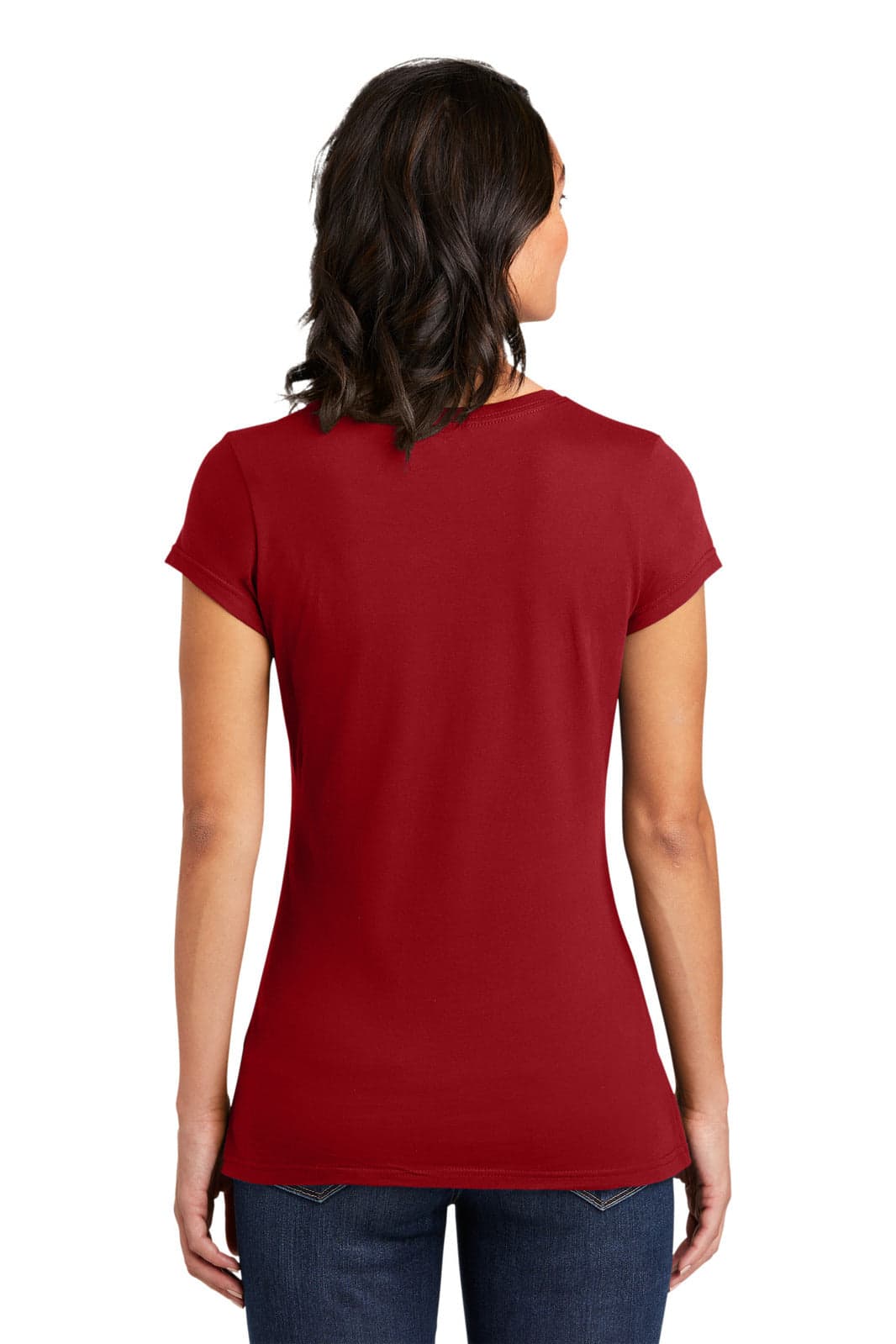 A red juniors' t-shirt with short sleeves, featuring a fitted design, viewed from the back.