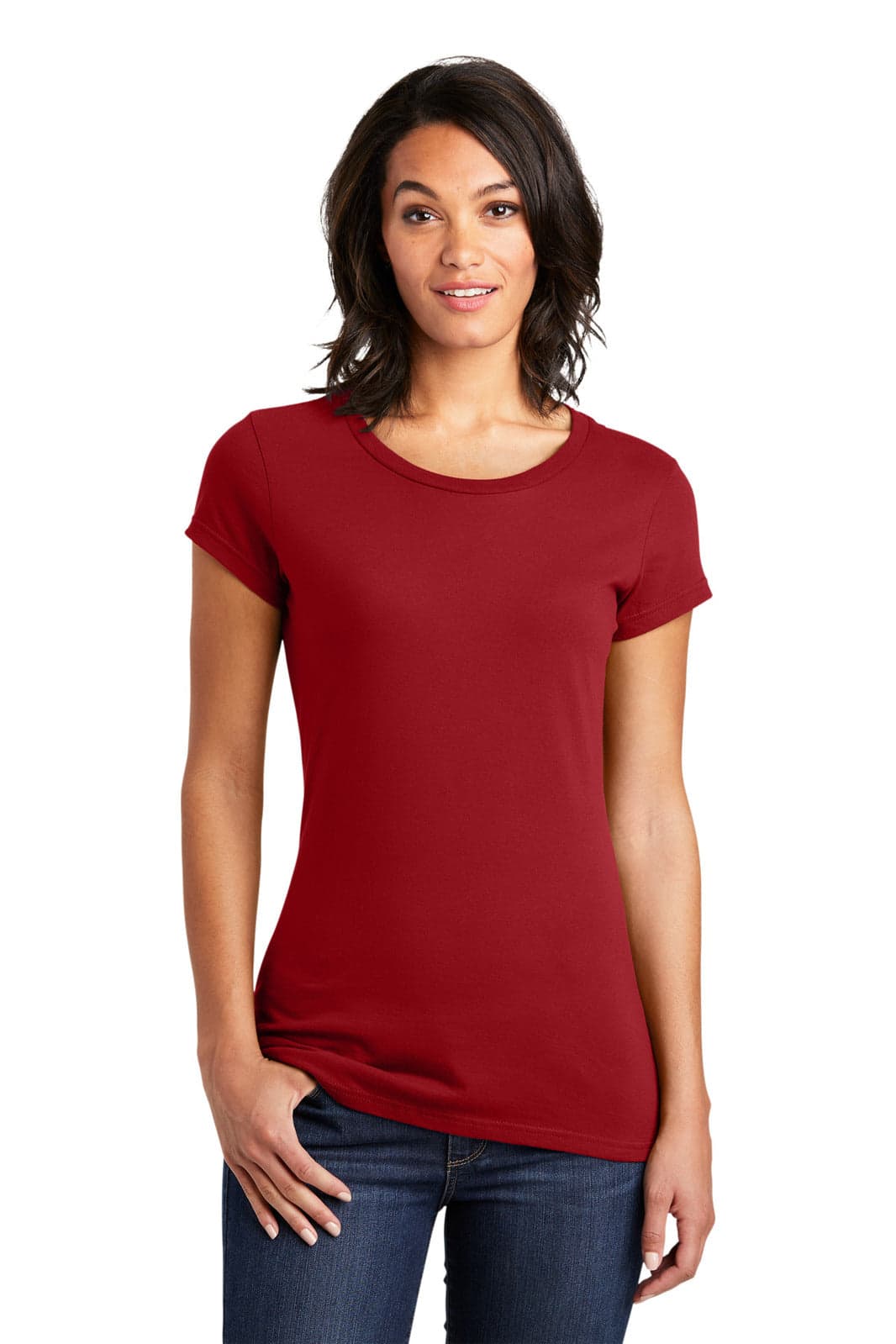 A red juniors' t-shirt with short sleeves, styled for a fitted look, worn by a model. Features a logo.
