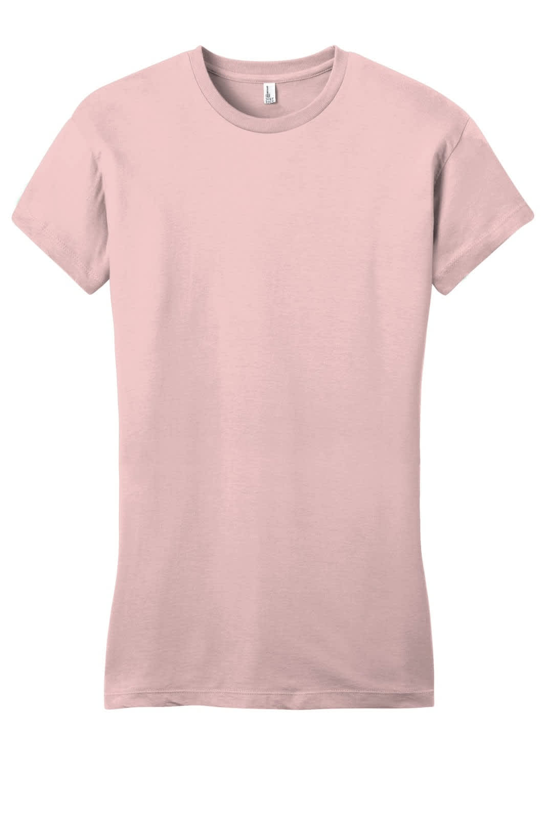 A pink juniors t-shirt with short sleeves and a round neckline, featuring a branding logo.