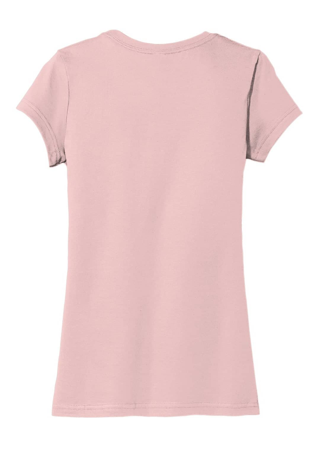 A light pink juniors t-shirt with short sleeves and a curved hem, featuring a logo on the back.