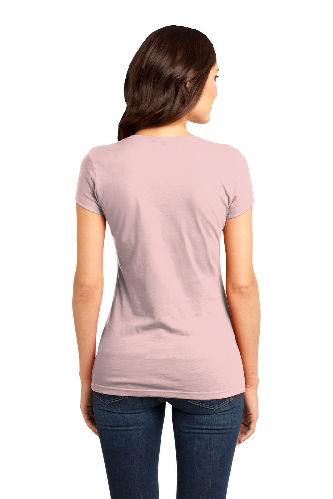 A pink juniors' T-shirt with a fitted style, featuring a plain back view and short sleeves.