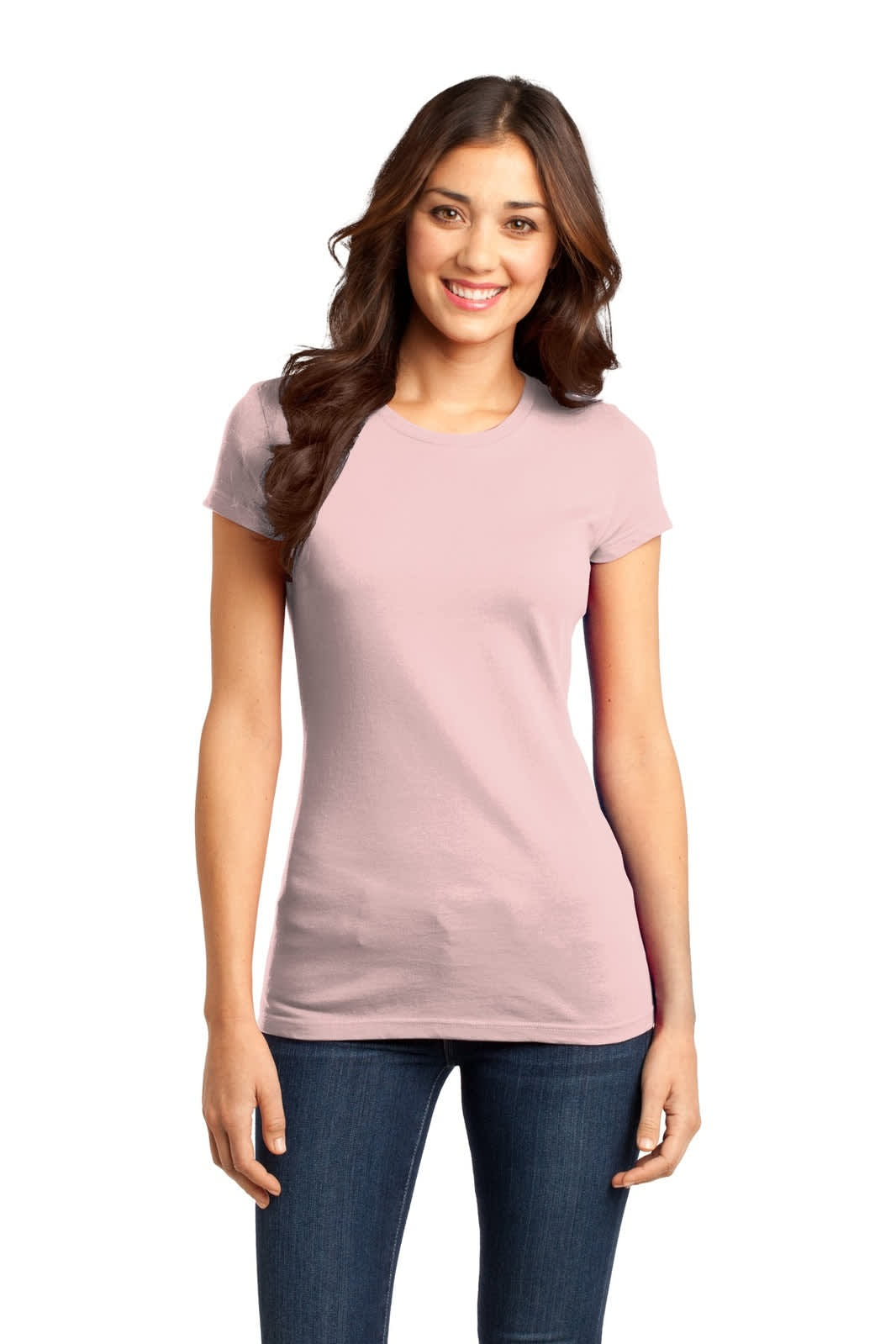 A fitted pink juniors t-shirt displayed on a model, featuring a round neckline and short sleeves.