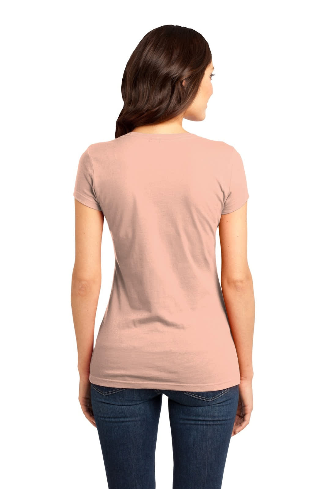 A back view of a woman wearing a light pink juniors t-shirt with a fitted style. The shirt has a logo.
