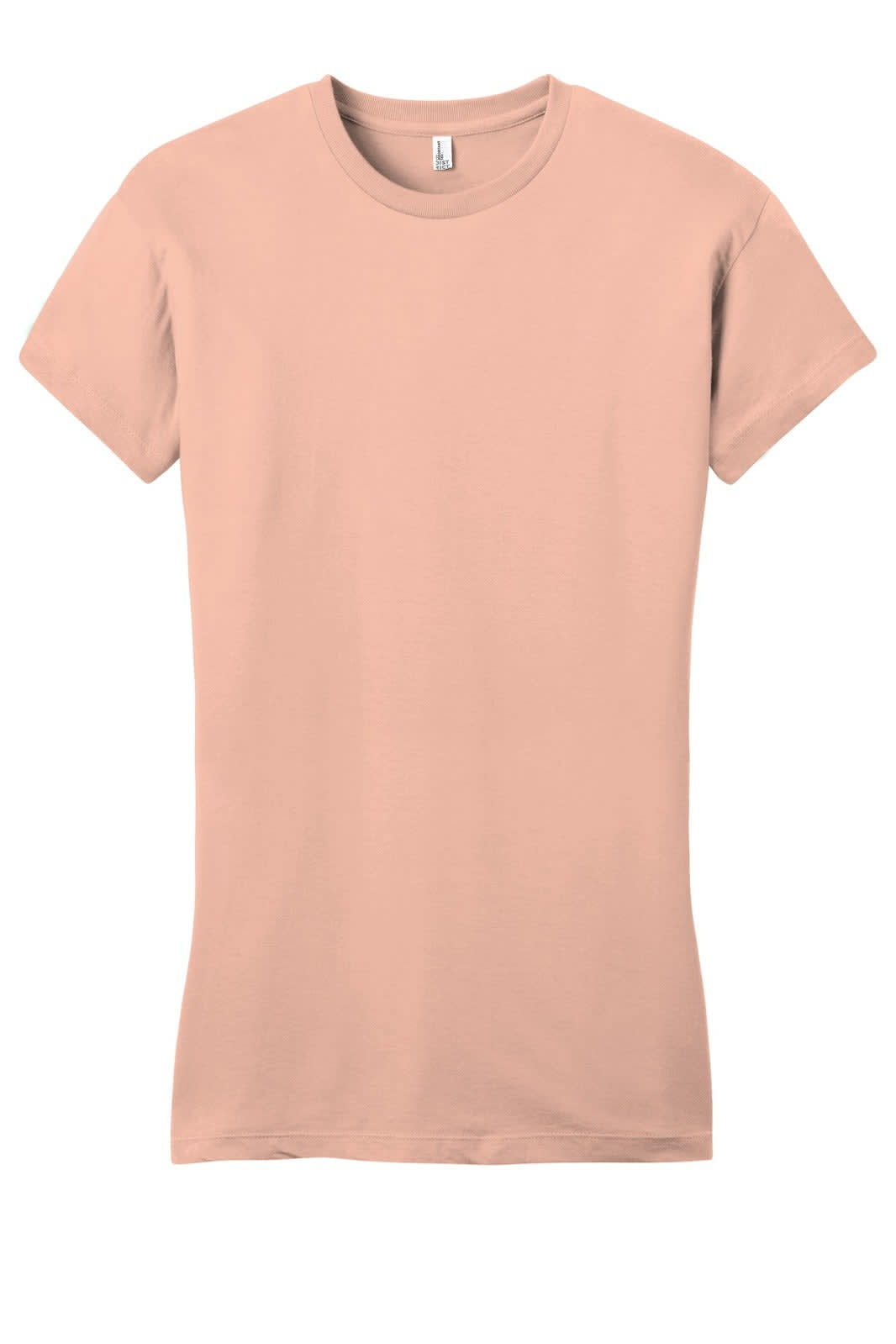 A light pink juniors t-shirt with a fitted style and a logo on the tag.