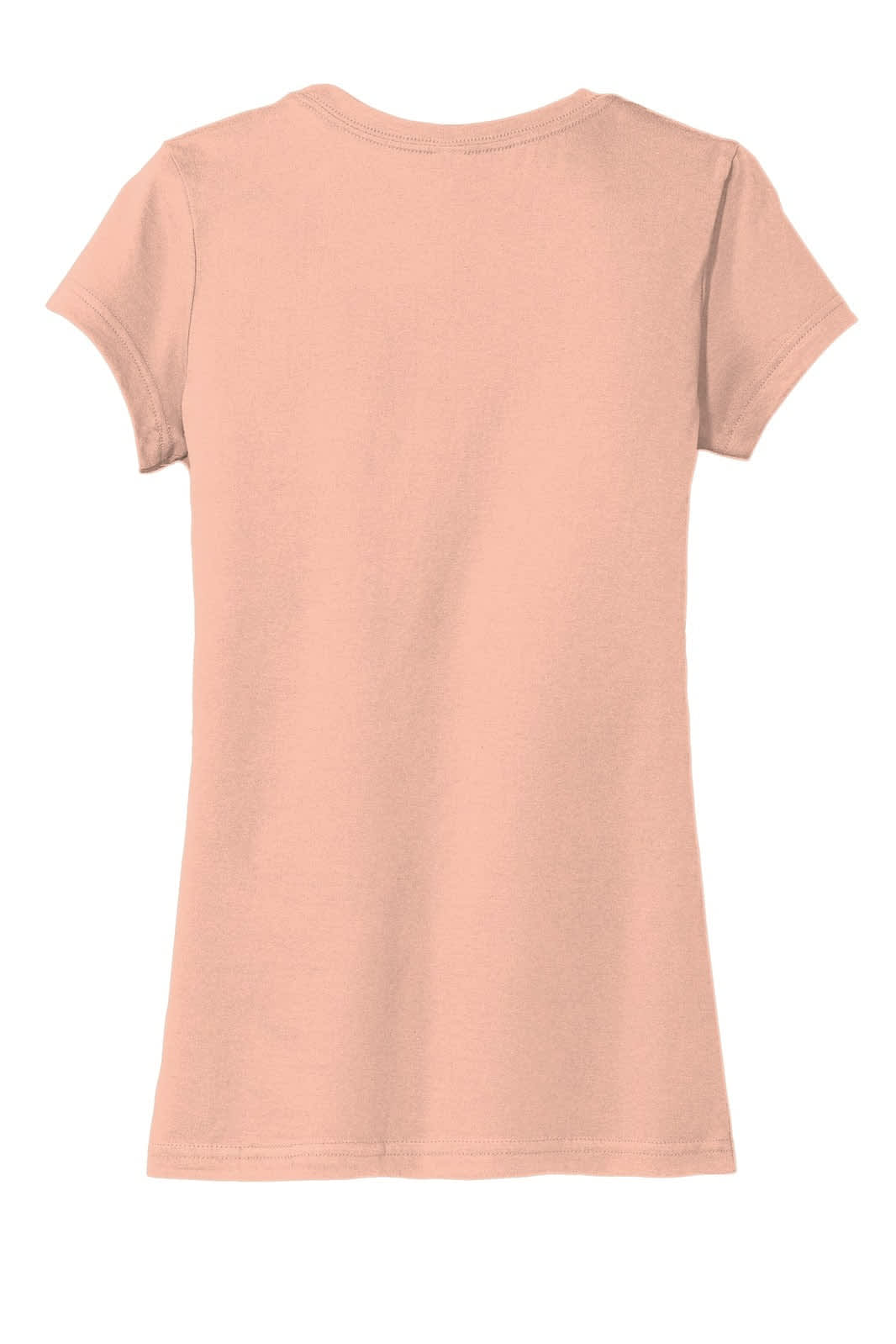 A pale pink junior’s t-shirt with short sleeves and a round neckline, featuring a logo on the back.