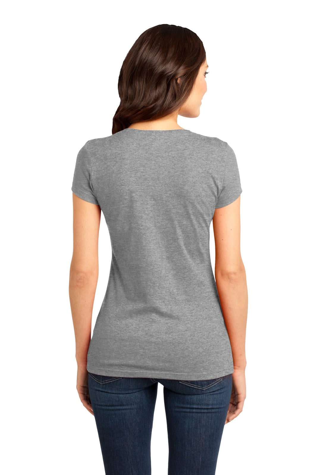 A grey juniors’ t-shirt with short sleeves, featuring a branded logo on the back.