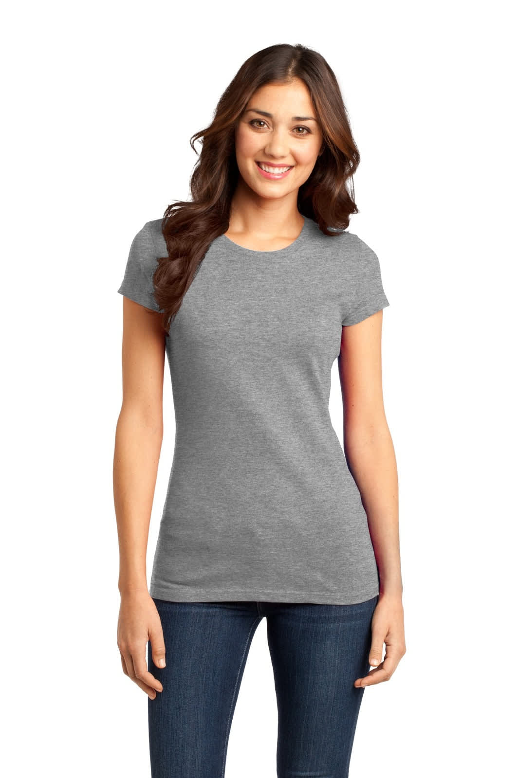 A grey juniors t-shirt is displayed on a model wearing jeans. The shirt features a fitted design and has a logo.
