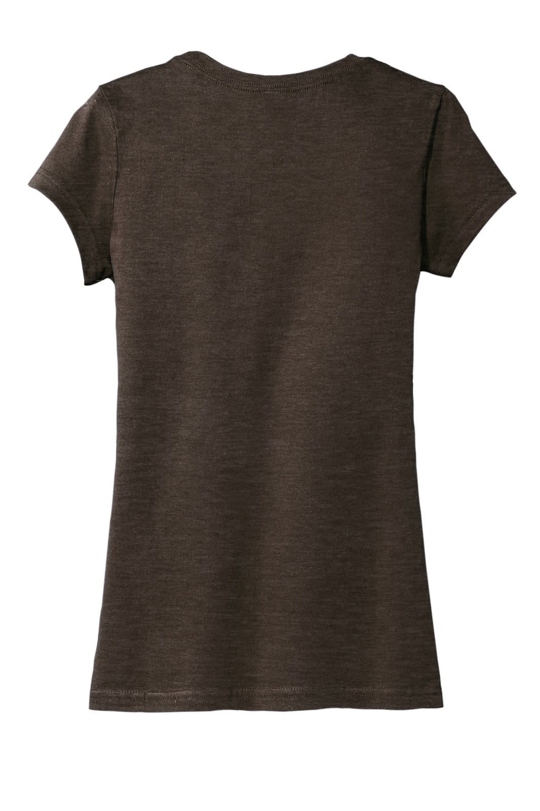 A dark brown juniors t-shirt with short sleeves and a fitted design, featuring a branding logo.
