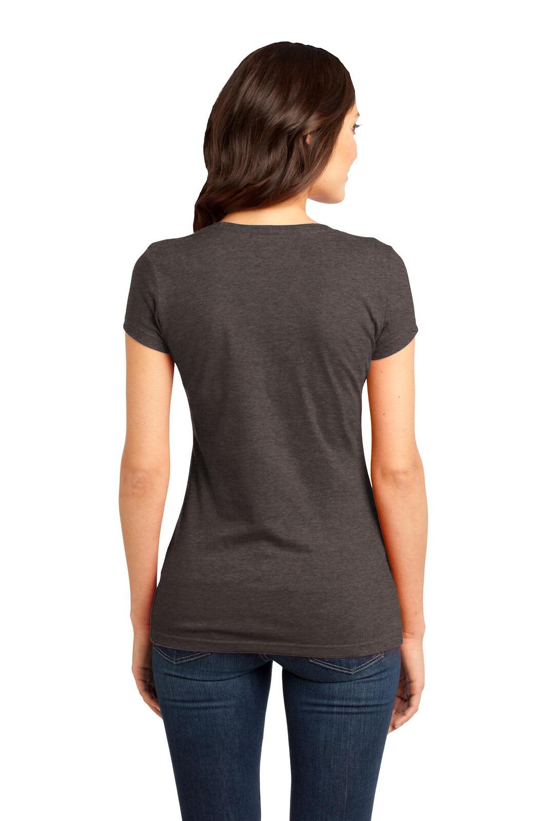 A dark grey juniors t-shirt with short sleeves, viewed from the back. The model is wearing jeans.