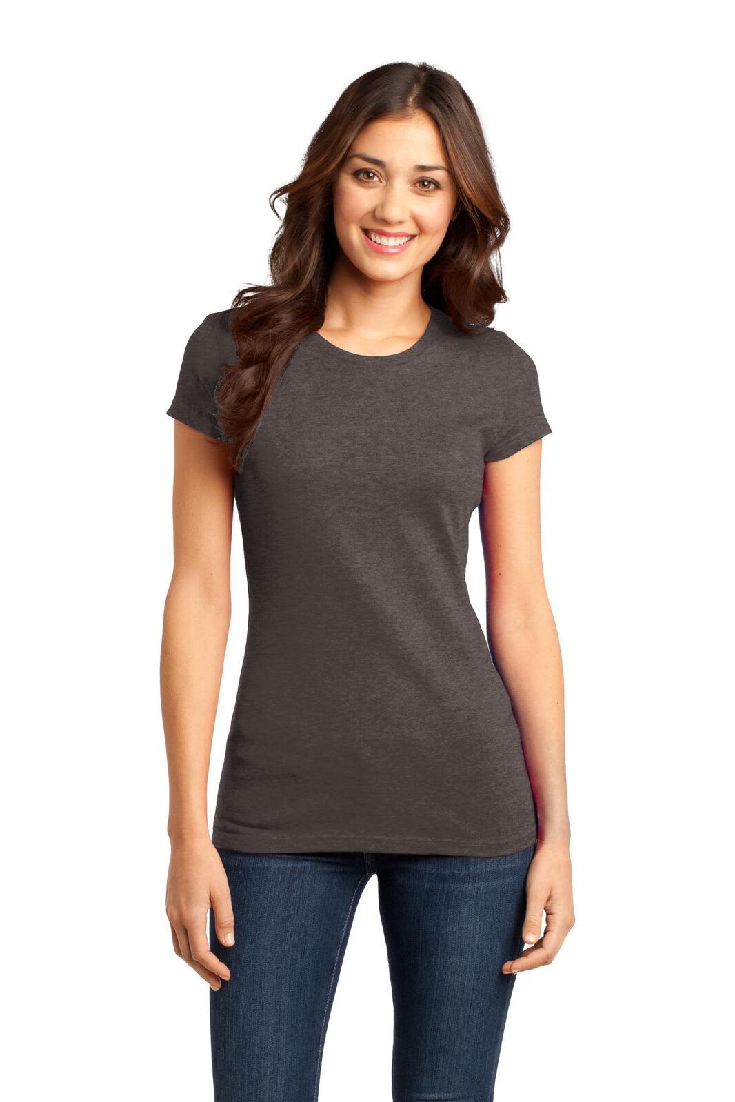 A model wearing a dark grey fitted t-shirt with short sleeves, paired with denim jeans. The t-shirt has a logo.
