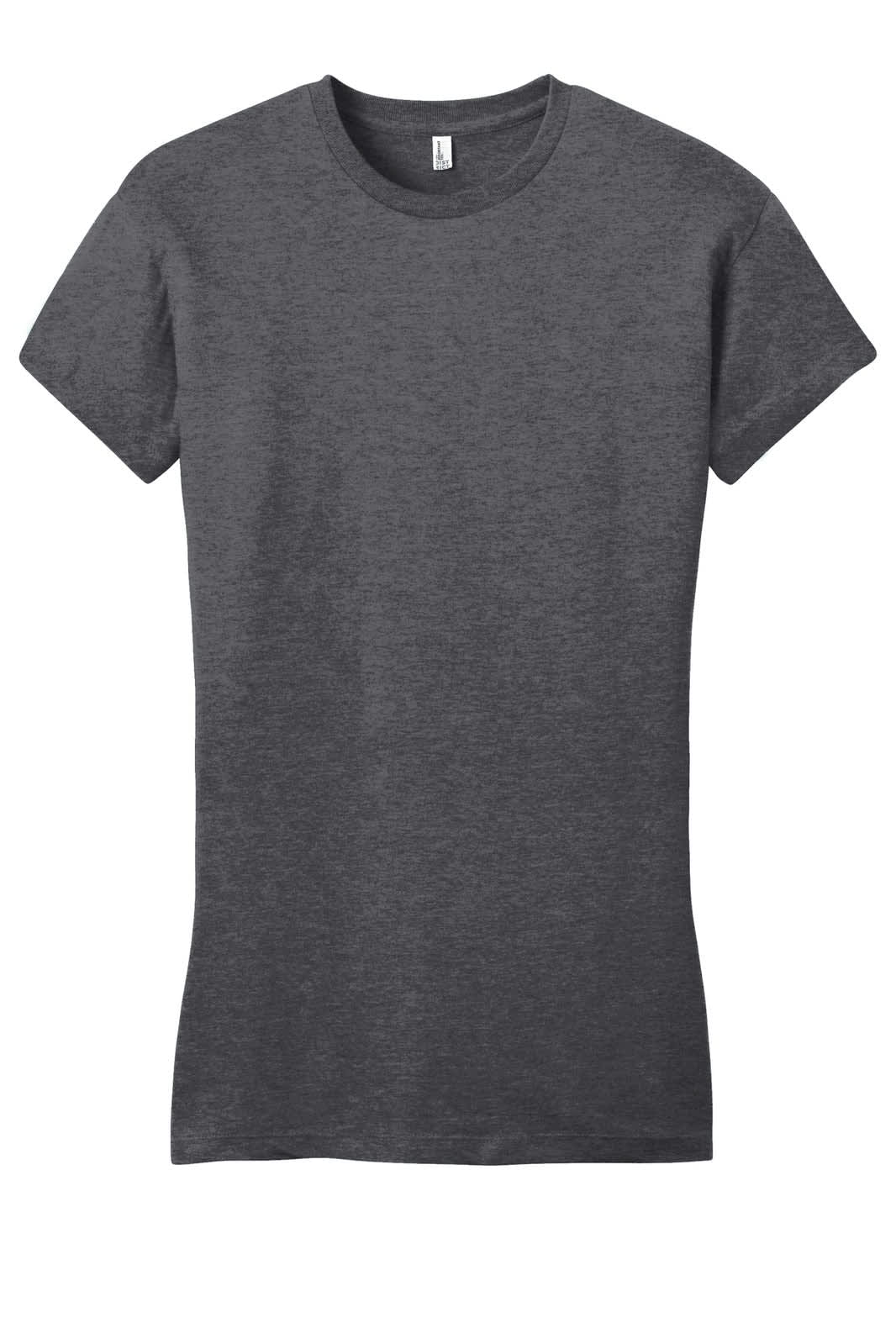 A charcoal grey junior's t-shirt with a fitted style and short sleeves. It features a logo on the label.