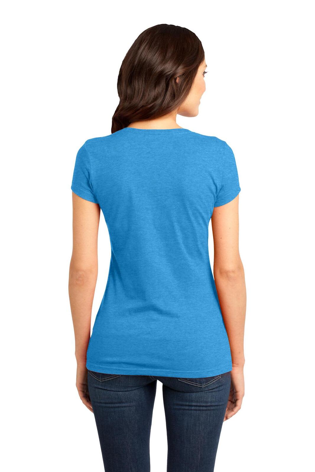 A blue juniors t-shirt with short sleeves, featuring a plain back and a fitted design.