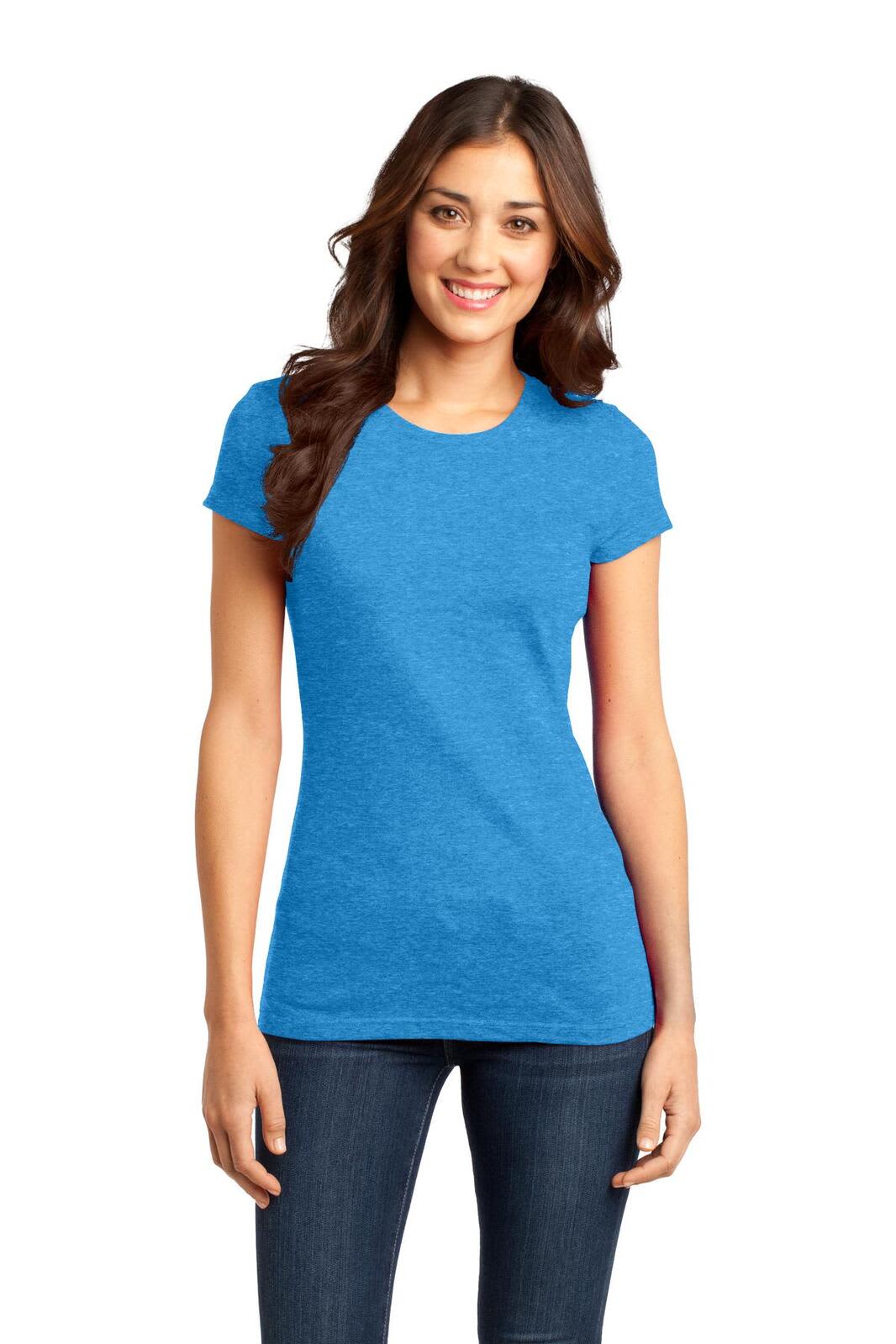 A blue juniors t-shirt with short sleeves, worn by a model. The shirt features a logo.