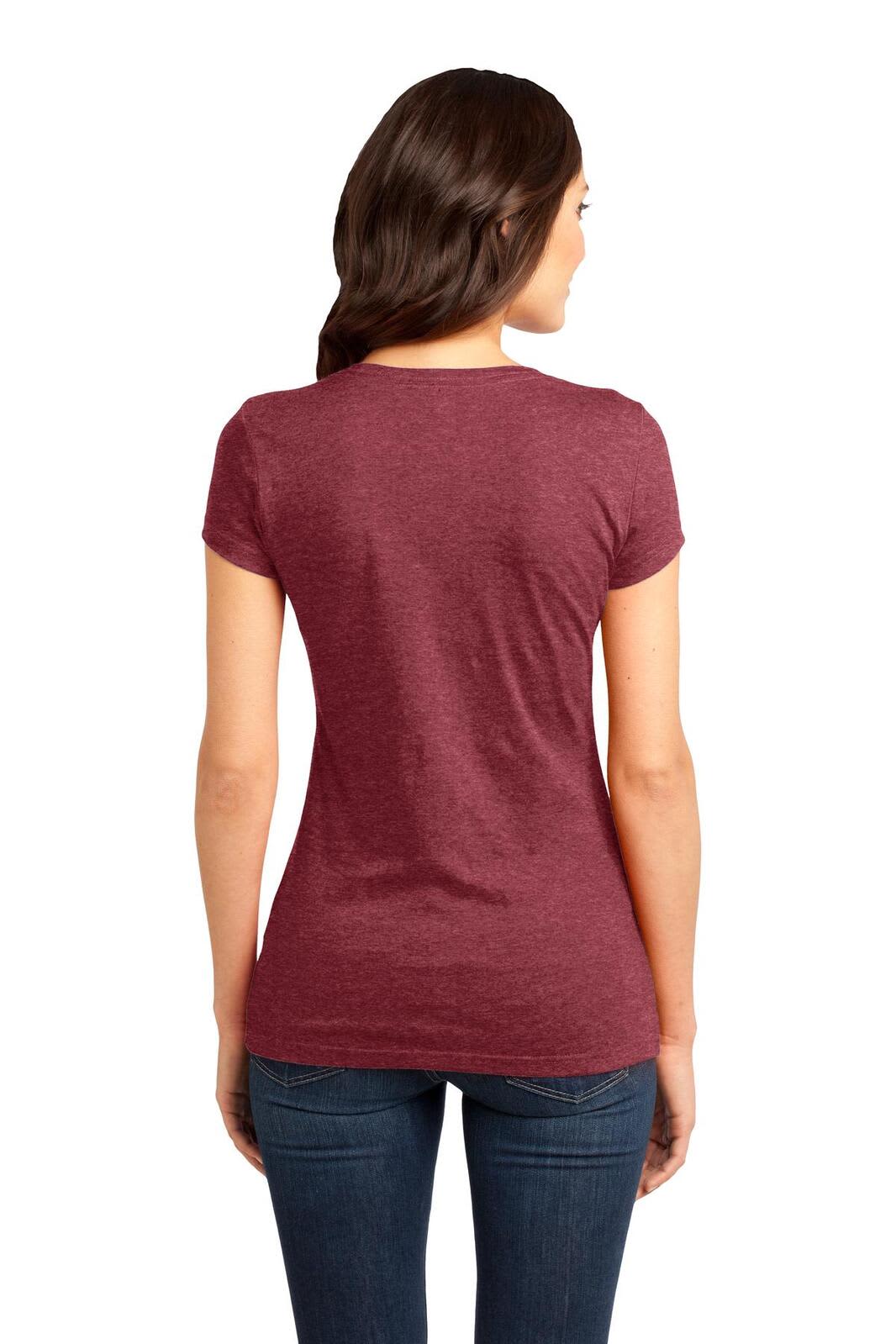 A maroon juniors' t-shirt featuring a fitted design and short sleeves, viewed from the back. The model is wearing jeans.
