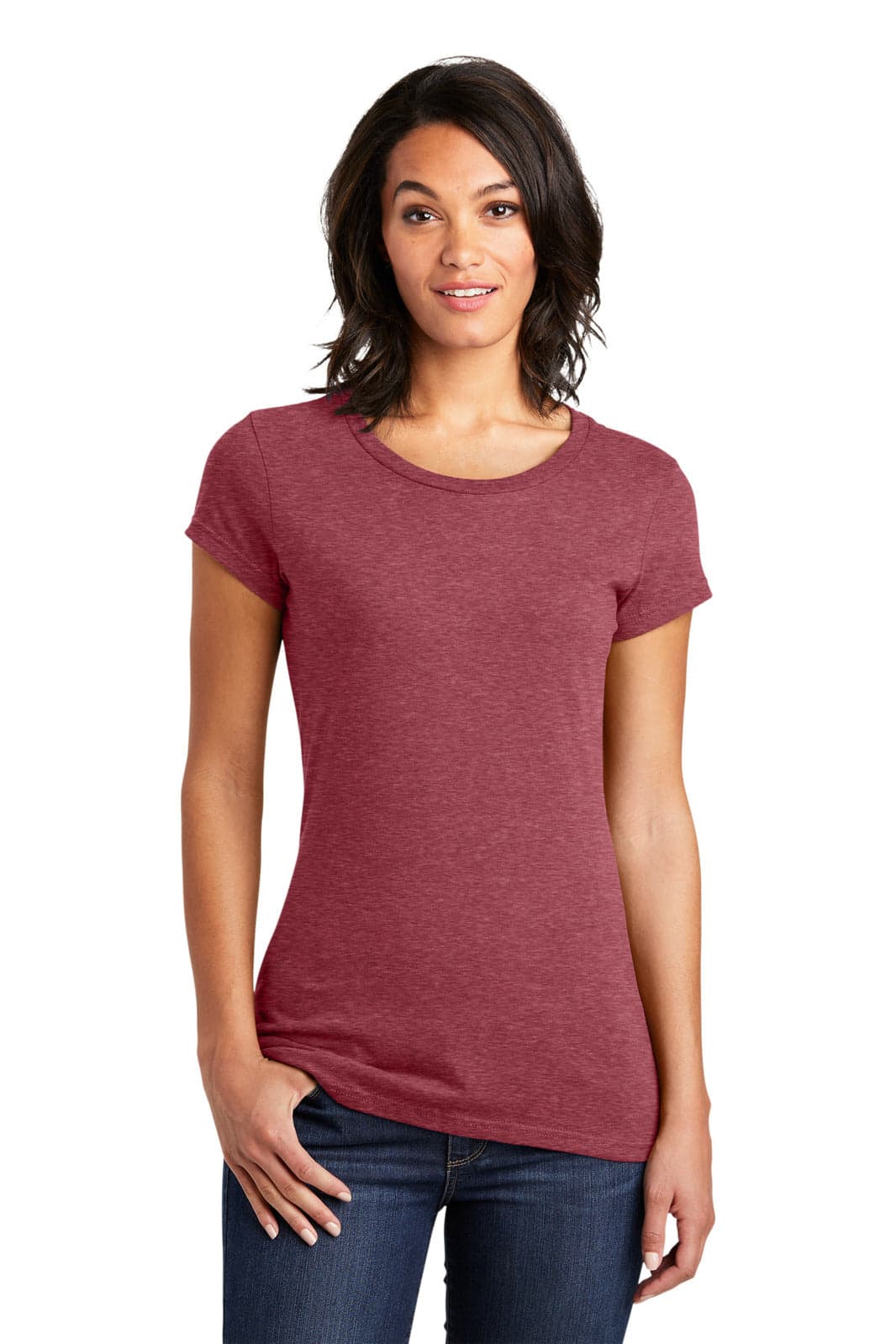 A juniors' short-sleeve T-shirt in a maroon colour, featuring a fitted design and a logo.