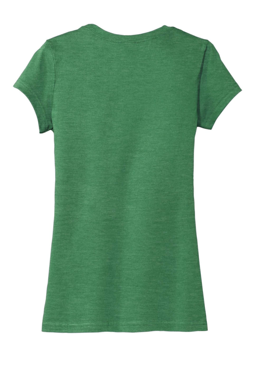 A green juniors' t-shirt with short sleeves and a soft texture, featuring a simple back design.