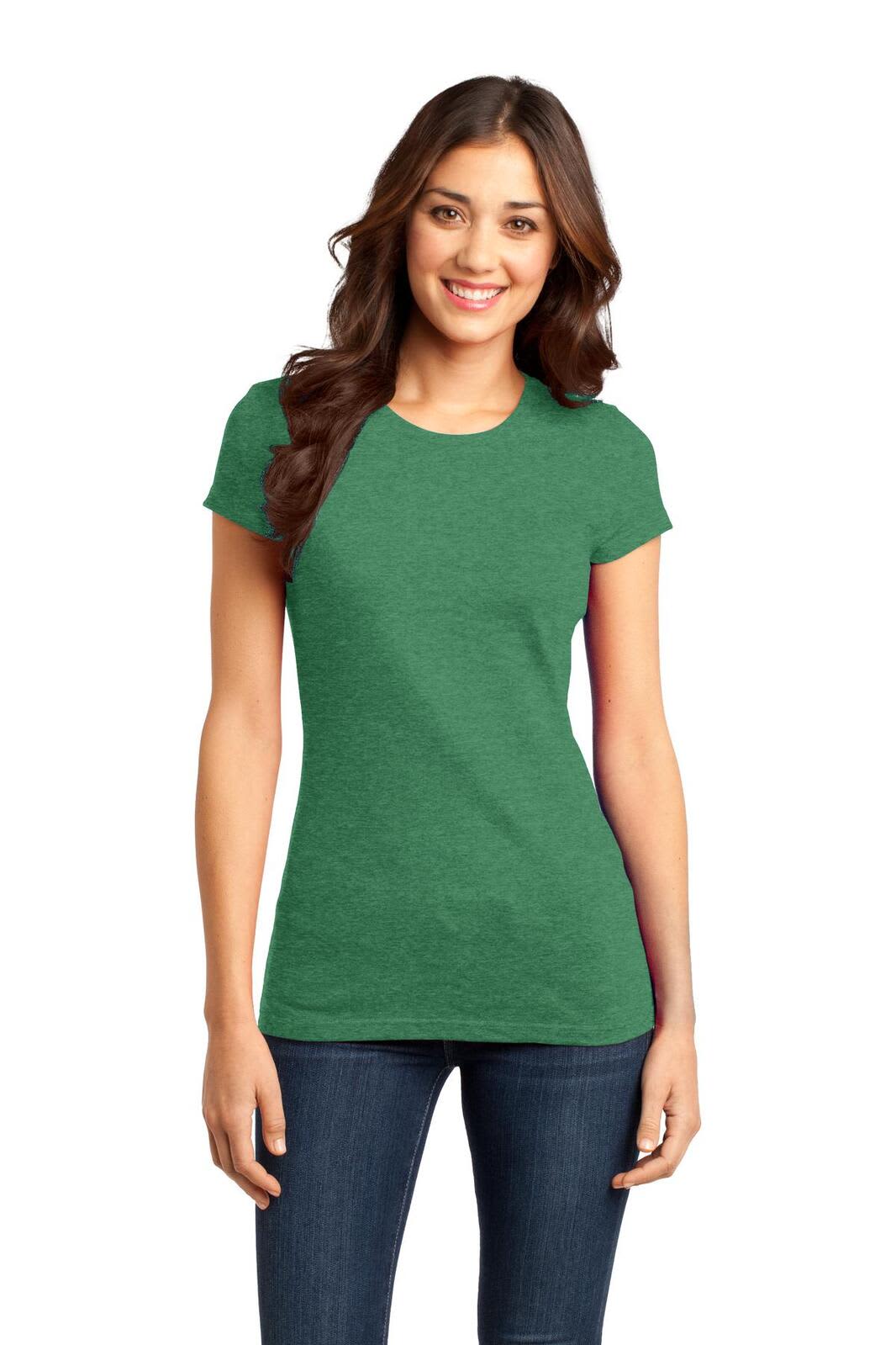 A green juniors t-shirt featuring a fitted design and short sleeves, worn by a model. The shirt has a logo on it.