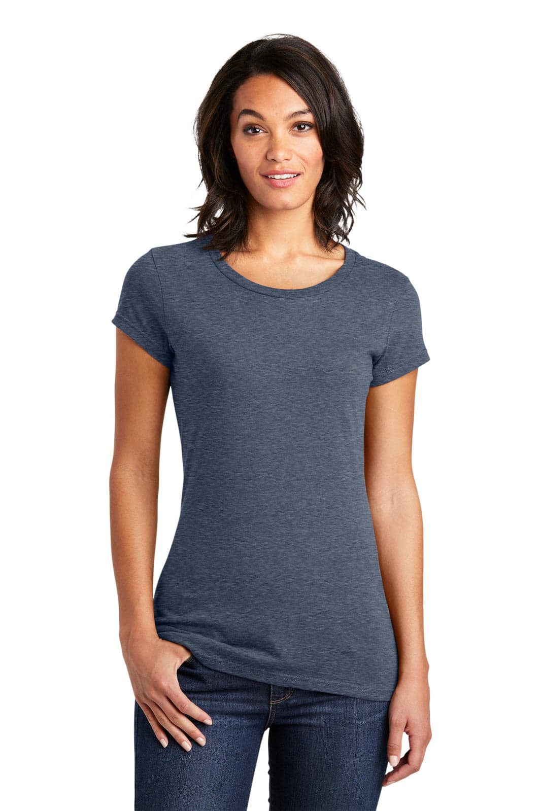 A dark grey juniors t-shirt featuring a fitted design and short sleeves, displayed by a model. It has a logo.