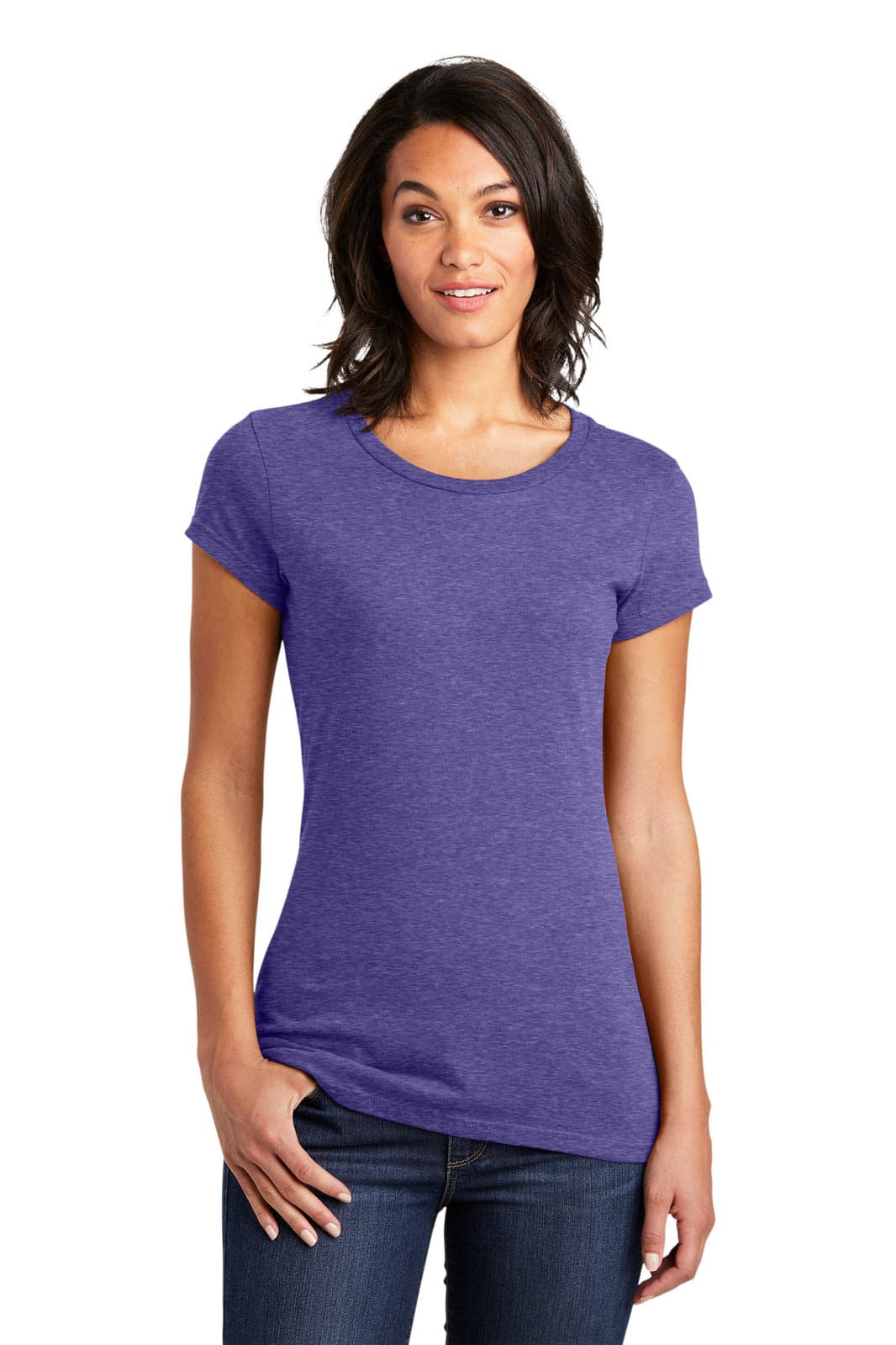 A purple juniors t-shirt with short sleeves, modelled by a woman, featuring a logo.