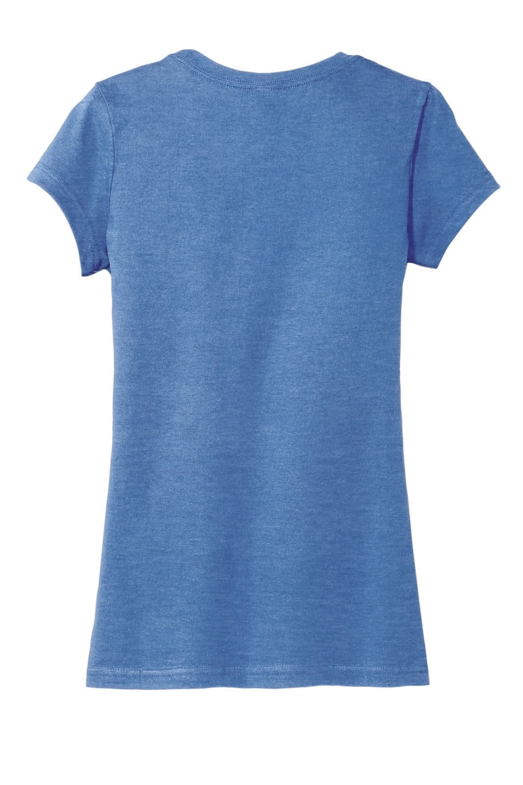 A blue juniors t-shirt with short sleeves and a rounded neckline, featuring a branding logo.