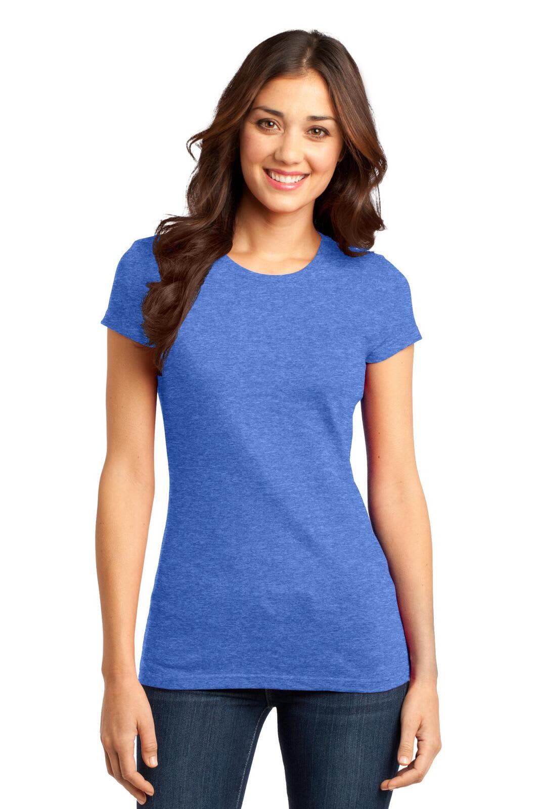 A blue juniors t-shirt with a fitted style, featuring short sleeves and a crew neckline. The model is smiling.