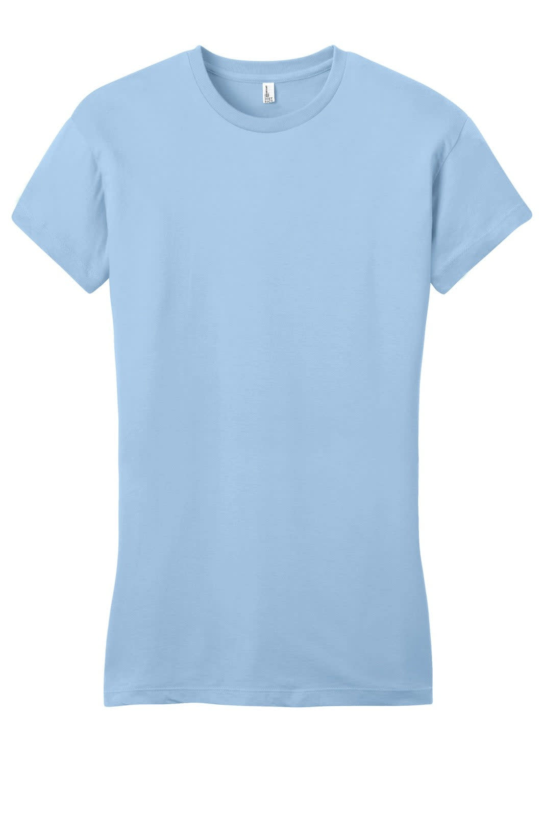 A light blue junior t-shirt featuring a fitted style and a round neckline. The shirt has a logo displayed.