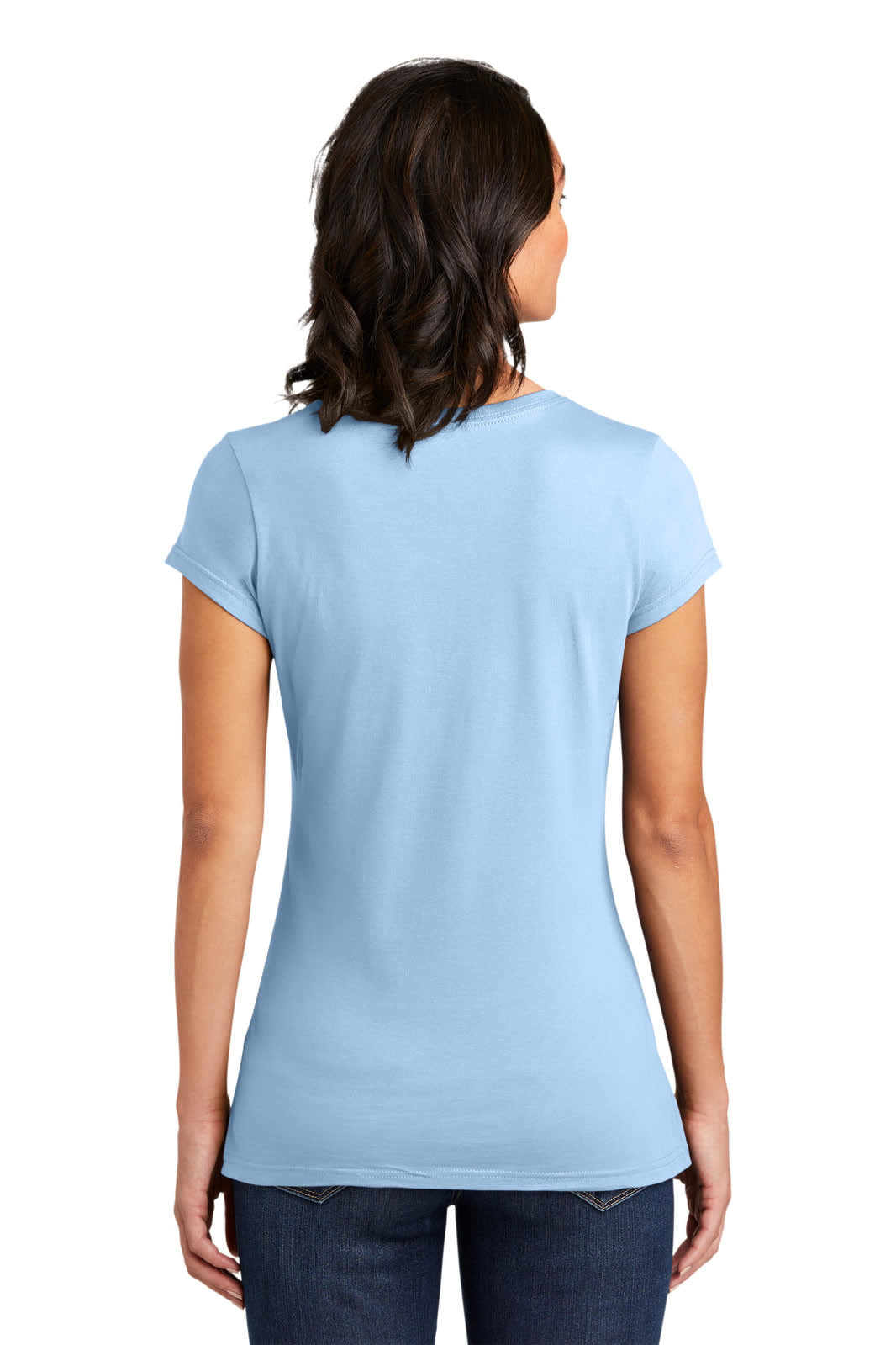 A light blue women's short-sleeve T-shirt viewed from the back, featuring a fitted design.