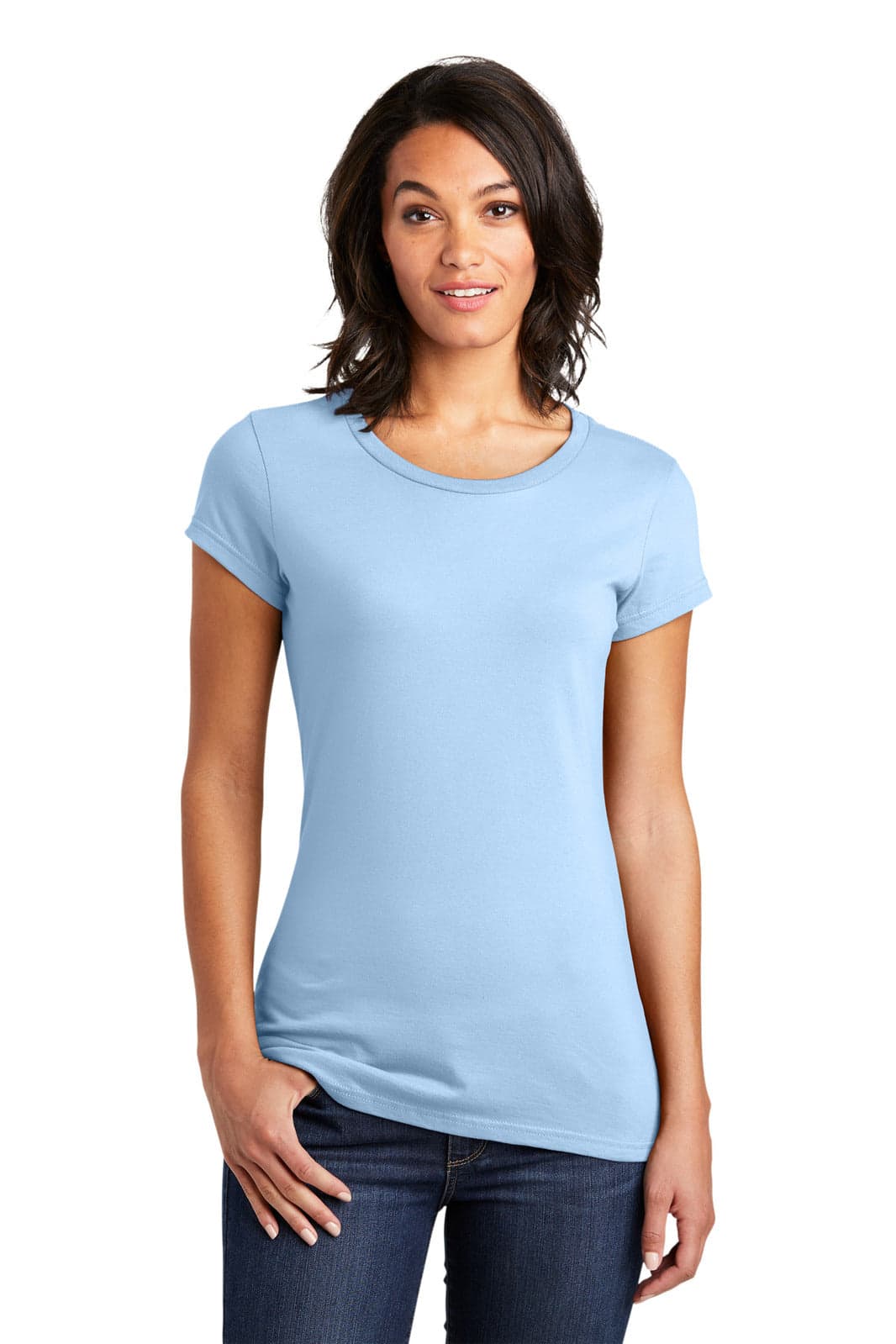 A light blue juniors t-shirt with short sleeves, featuring a fitted silhouette and a small logo.