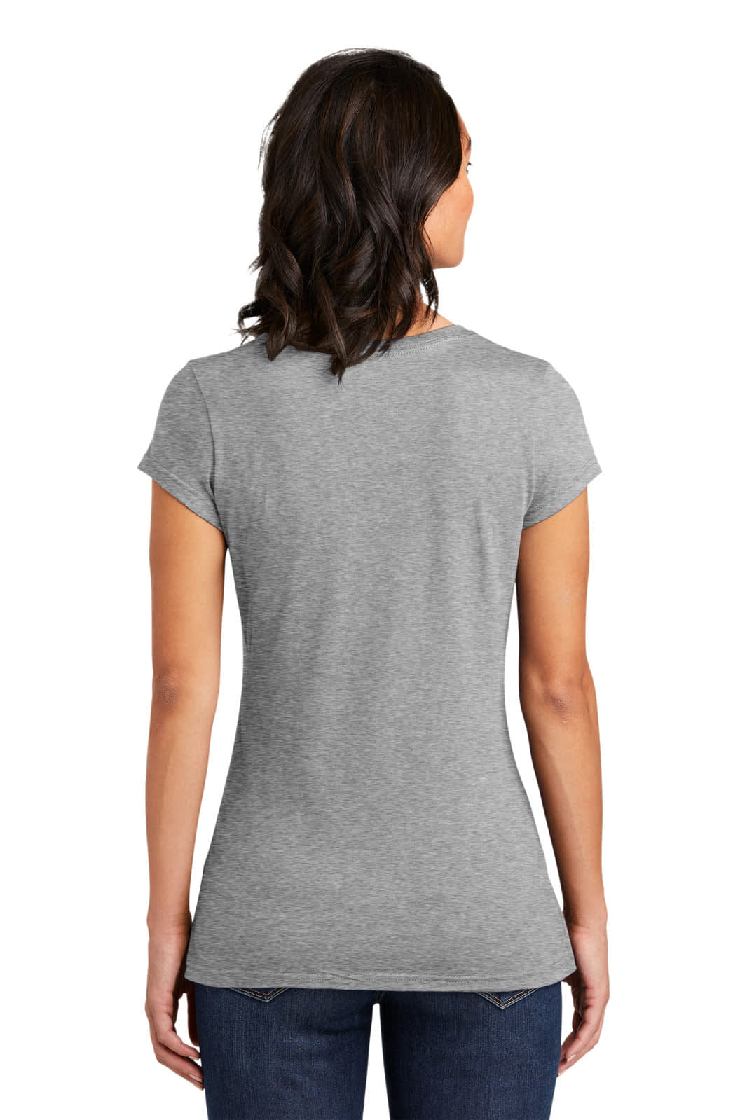 A grey juniors t-shirt with a fitted silhouette, featuring short sleeves and a round neckline. Back view shown.