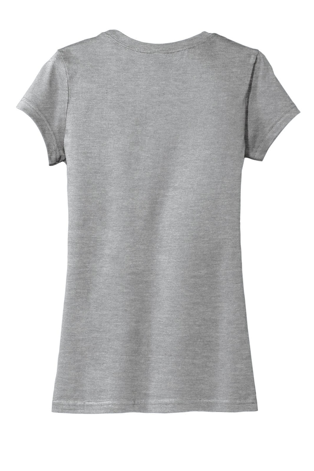 A grey juniors t-shirt with short sleeves, featuring a simple design and a logo on the back.