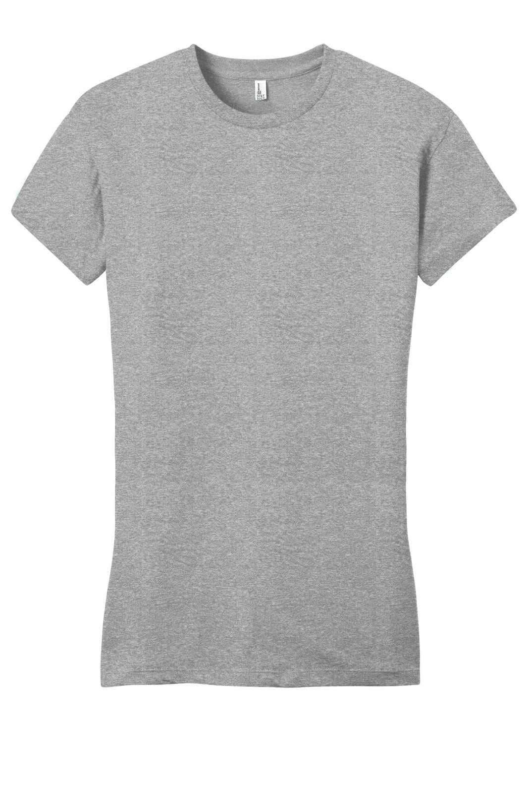 A grey juniors T-shirt with short sleeves, featuring a fitted design and a logo on the label.