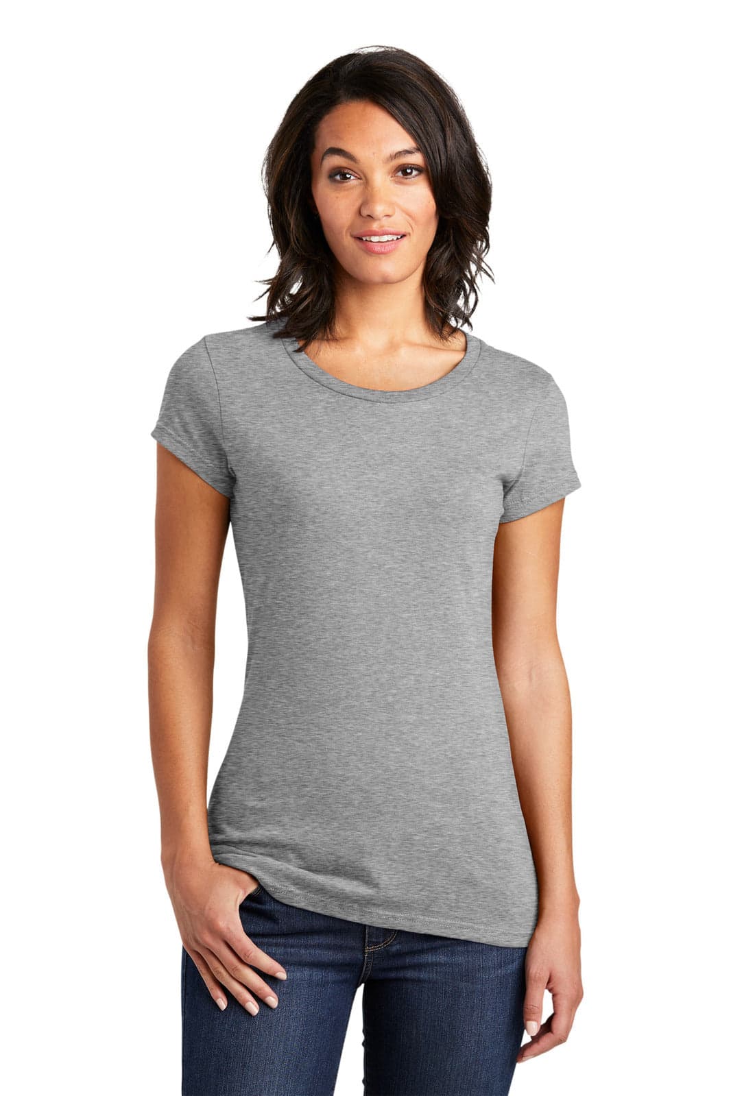 A grey junior fitted t-shirt with short sleeves on a model, featuring a logo on the front.
