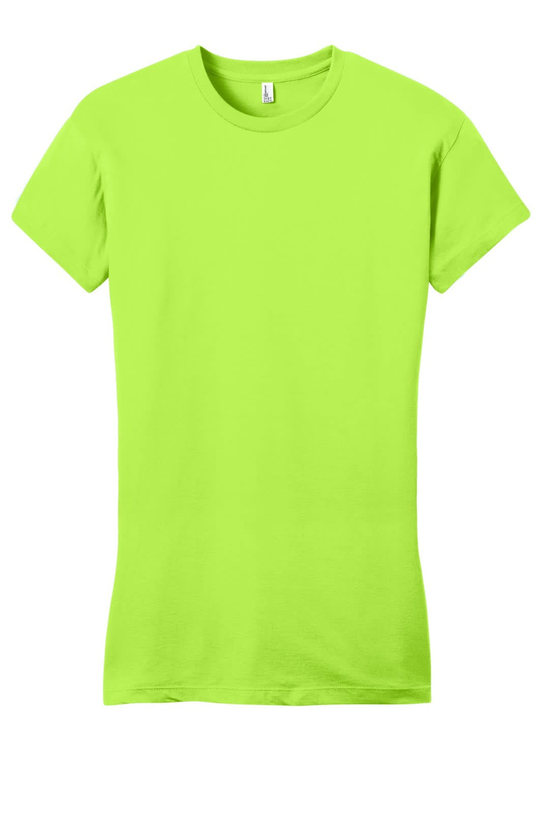 A bright green juniors t-shirt with a fitted design and a logo on the label.