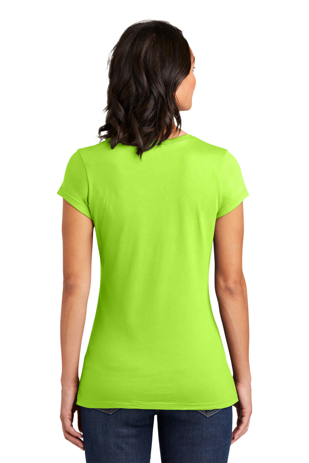 A green juniors T-shirt displayed from the back, featuring a fitted style. The model has dark hair and is wearing jeans.