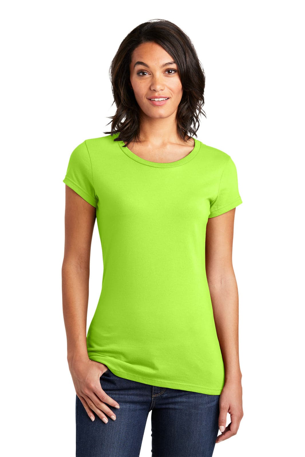 A green juniors t-shirt with a crew neckline and short sleeves, displayed on a model. Features brand logo.
