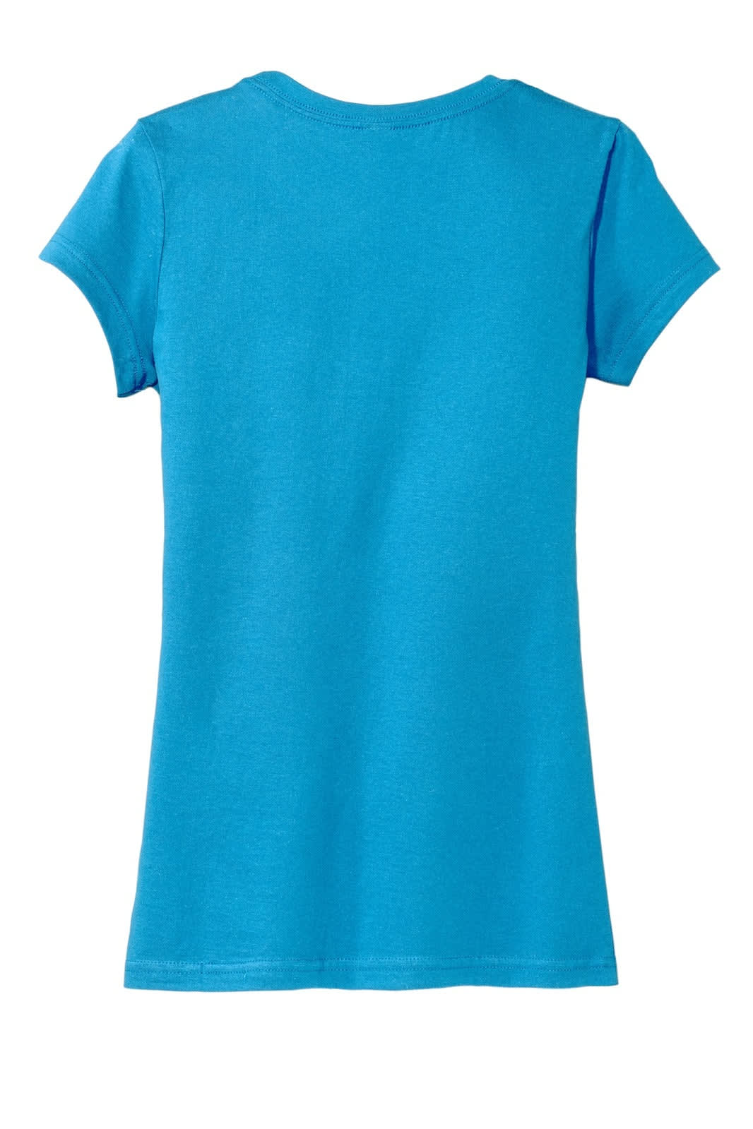 A light blue juniors T-shirt with short sleeves and a curved hemline, featuring a logo on the back.