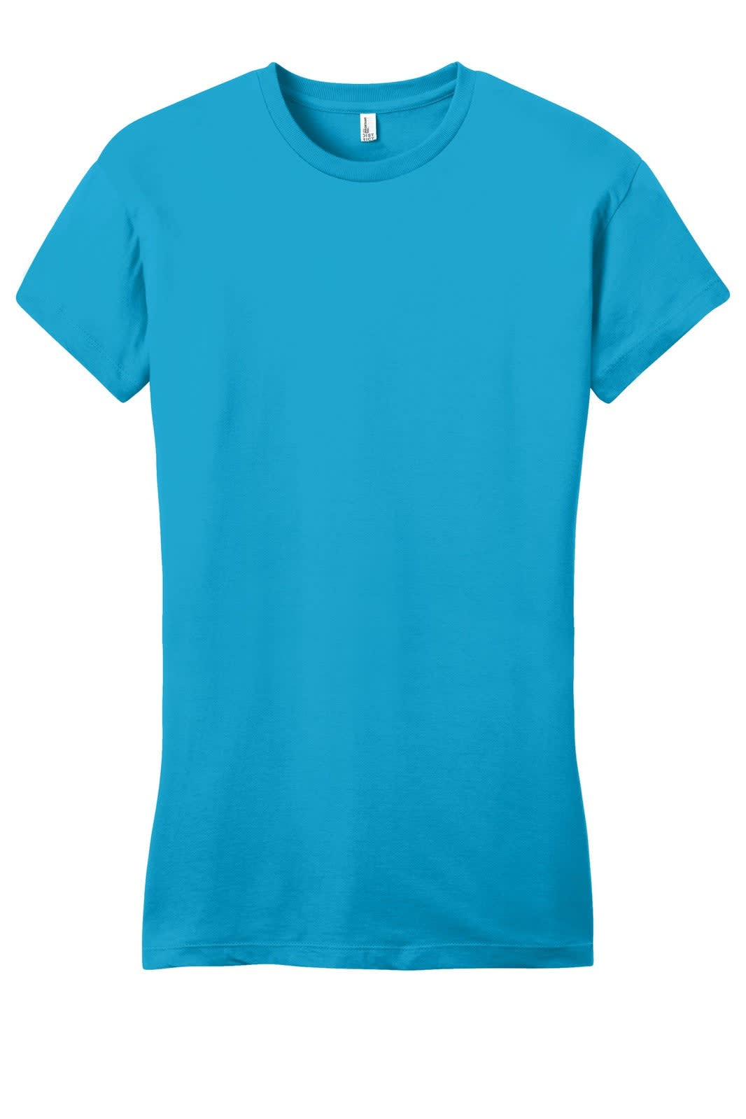 A turquoise juniors T-shirt featuring a fitted style and crew neck, with a logo present.