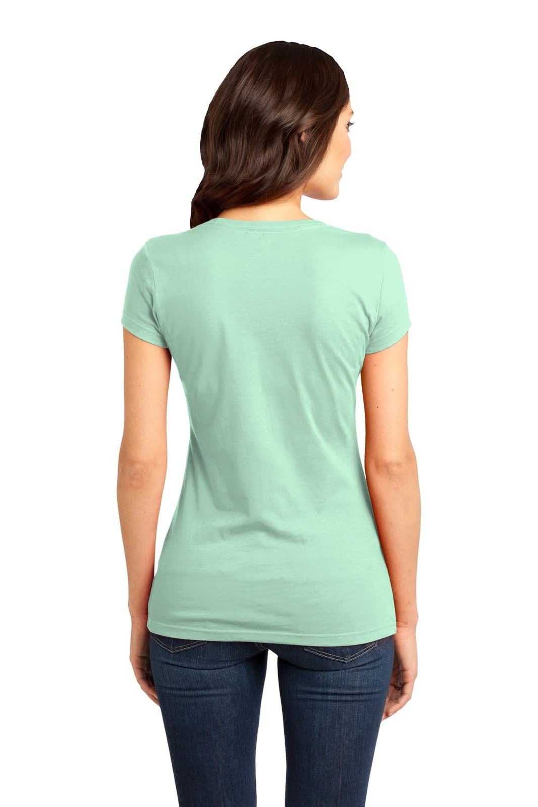 A mint green junior's t-shirt with short sleeves, shown from the back on a model.