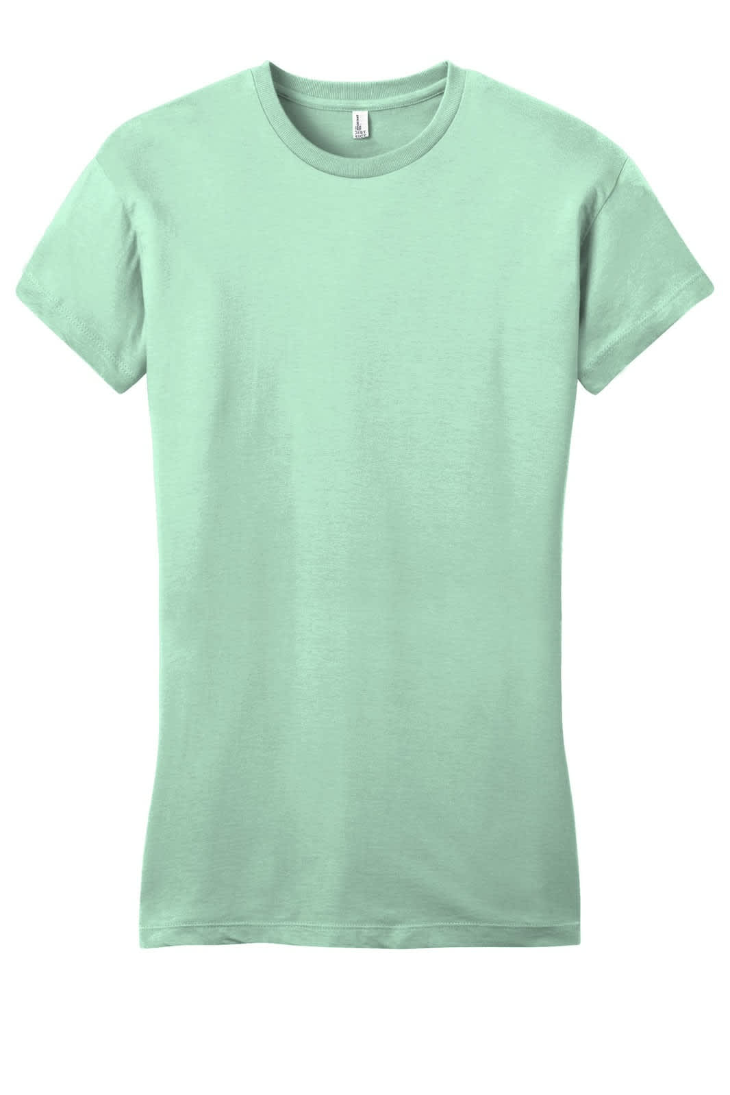 A mint green juniors t-shirt with a fitted design and short sleeves. It features a logo on the neckline.