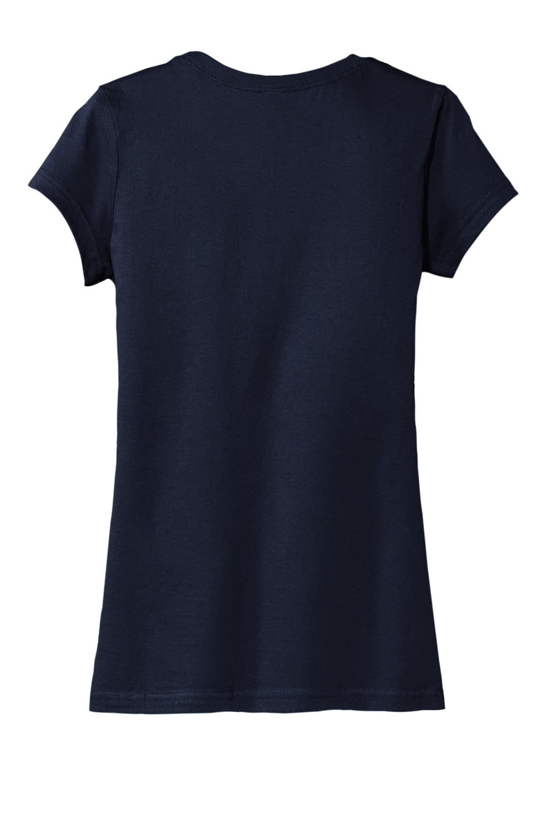 A navy blue juniors t-shirt with short sleeves and a rounded neckline, featuring a branding logo.