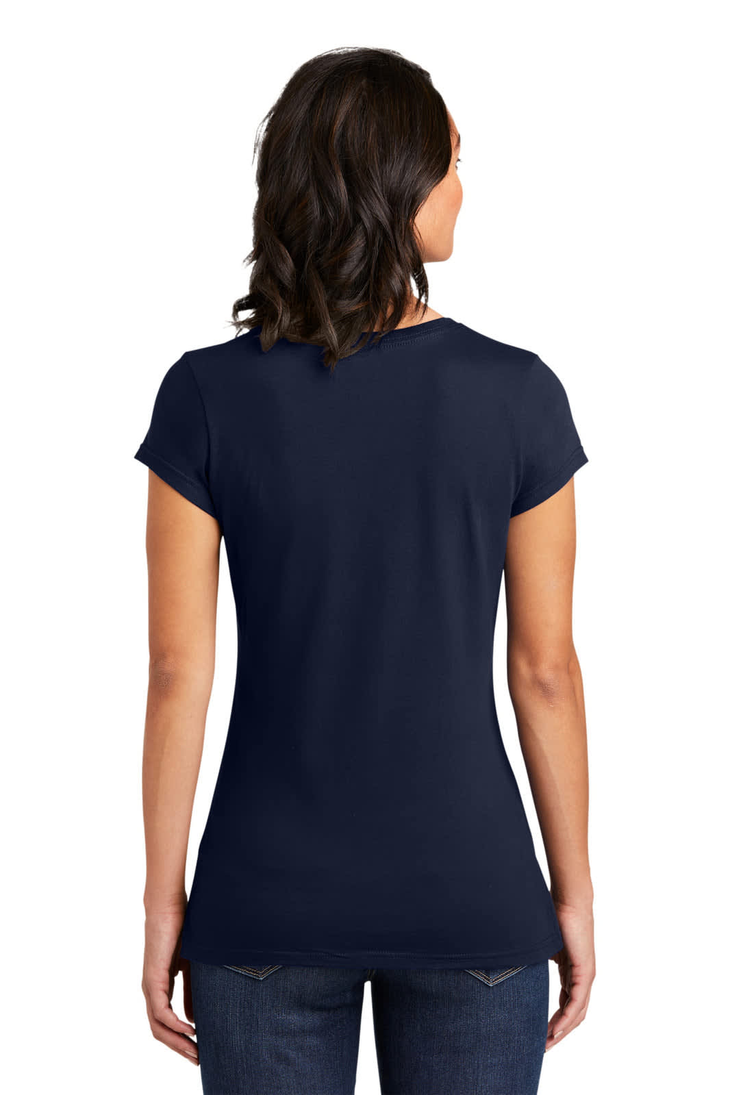 A navy blue juniors t-shirt with short sleeves, displayed from the back, featuring a fitted design.