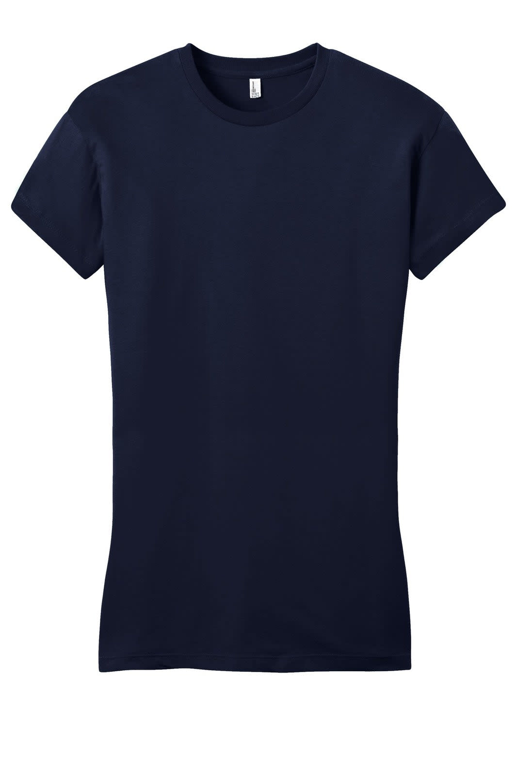 A navy blue junior's t-shirt featuring a classic crew neck and short sleeves, with a simple design and a branding logo.