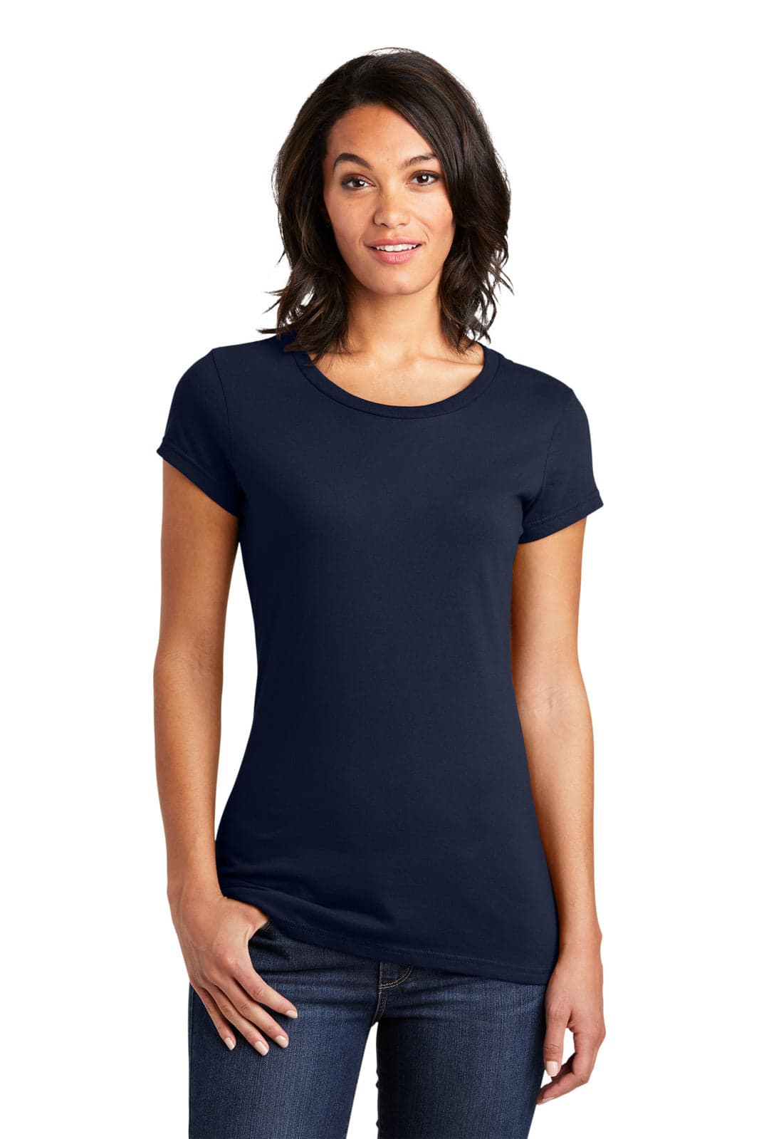 A navy blue juniors t-shirt with short sleeves, featuring a fitted style and a branding logo.