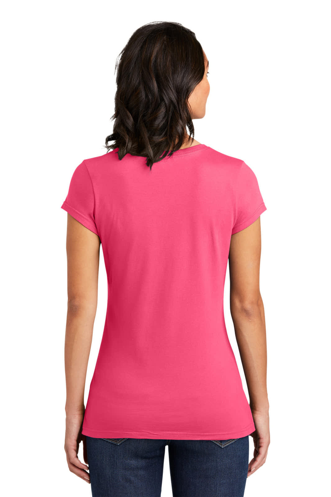 A pink juniors T-shirt with a fitted style, viewed from the back, featuring short sleeves.