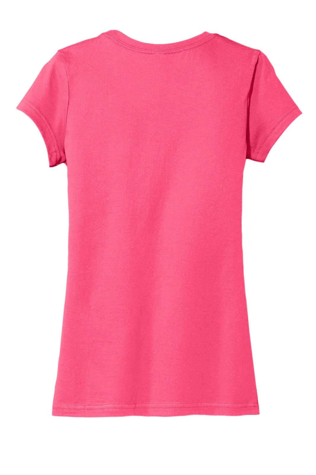 A pink juniors' T-shirt with short sleeves and a plain back view, featuring a logo.