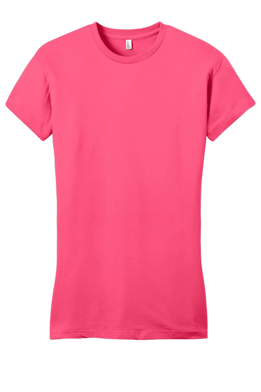 A pink juniors t-shirt with a fitted design and short sleeves, featuring a logo on the label.